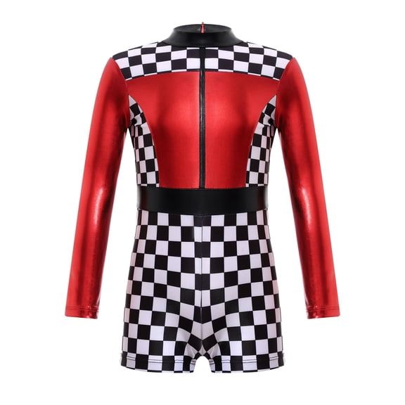 Doomiva Racer Girls Dress-up Metallic Checkerboard One Piece Jumpsuits F1 Cheer Leader Sets Red 6