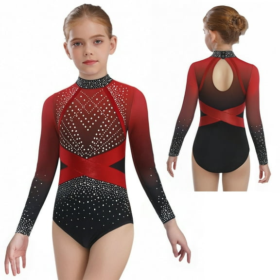Doomiva Rhinestone Leotard for Girls Gymnastics Ballet Dance One Piece Shiny Long Sleeve Bodysuit Activewear Red 16