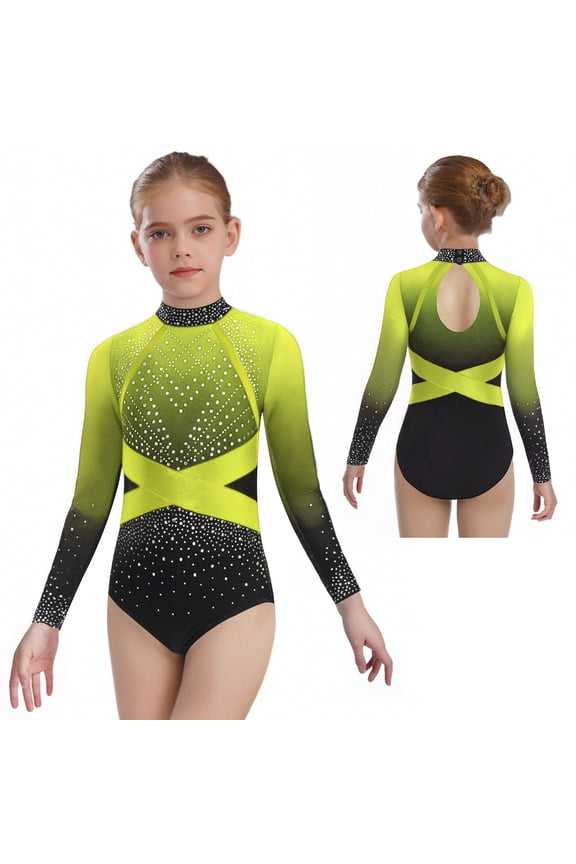 Rhinestone Leotard for Girls Gymnastics Ballet Dance One Piece Shiny Long Sleeve Bodysuit Activewear Yellow 6