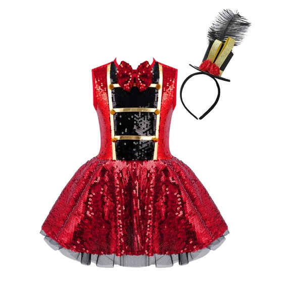Doomiva Ringmaster Showman Dance Halloween Dress-up Sequins Tutu Dress with Steampunk Hat Red 8