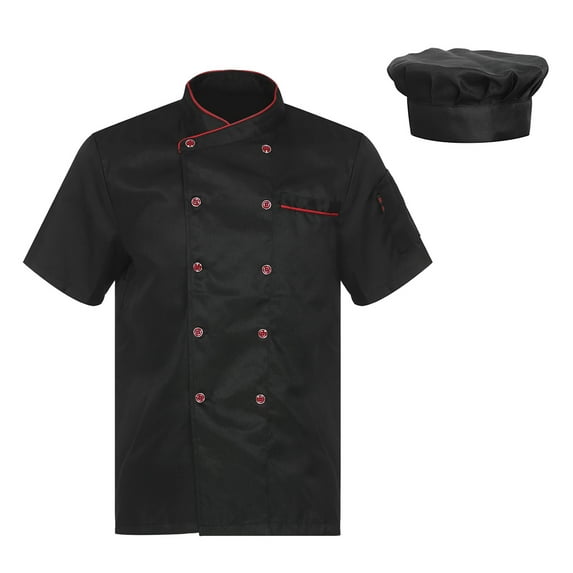 Doomiva Short/Long Sleeve Chef Coat for Men Women Double-Breasted Chef Jacket Cook Shirt Workwear Black Short Sleeve M