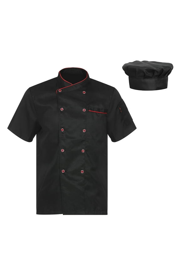 Short/Long Sleeve Chef Coat for Men Women Double-Breasted Chef Jacket Cook Shirt Workwear Black Short Sleeve M