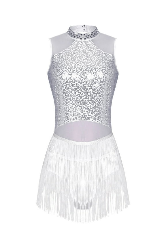 Tassel Latin Dance Dress for Women Sequins Leotard Fringe Salsa Rumba Dance Dress White S