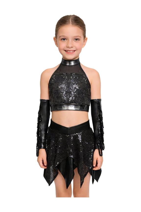 Teen Girls Crop Top Metallic Skirt With Gloves Hip Hop Set Sequins Cheer Uniform Latin Jazz Dance Outfit Black 8