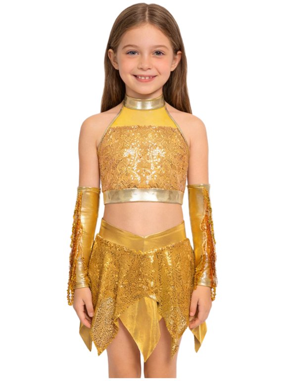Teen Girls Crop Top Metallic Skirt With Gloves Hip Hop Set Sequins Cheer Uniform Latin Jazz Dance Outfit Gold 10