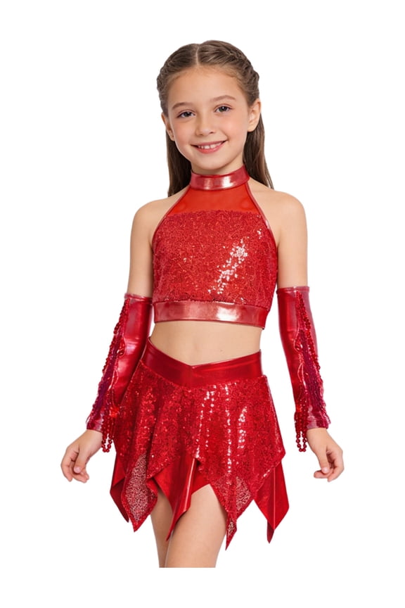 Teen Girls Crop Top Metallic Skirt With Gloves Hip Hop Set Sequins Cheer Uniform Latin Jazz Dance Outfit Red 12