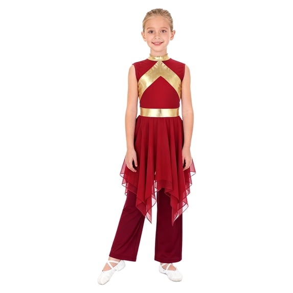 Doomiva Teen Girls Lyrical Praise Dance Dress Metallic Church Robe with Wide-Leg Pants Tunic Praisewear Worship Wear Burgundy 6