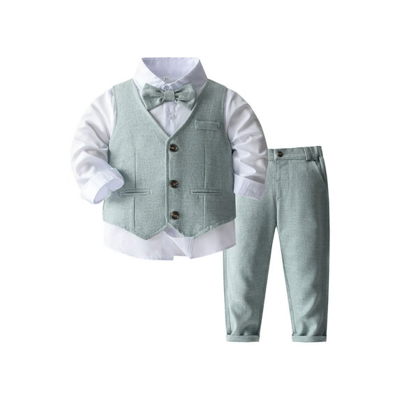 Doomiva Toddler Boy Gentleman Suit Long Sleeve Dress Shirt Tuxedo Vest and Pants Sets Baby First Birthday Formal Wear A Light Green 12-18 Months