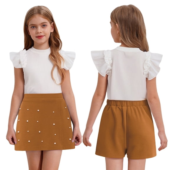 Doomiva Toddler Girls Ruffle Sleeve Ribbed T-Shirt with Culotte Playwear 2PCS Summer Outfits Shorts Sets Daily Wear Orange 130-8Y