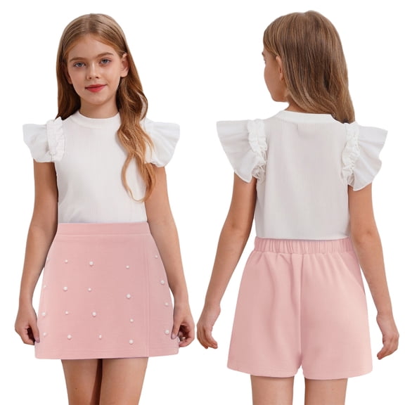 Doomiva Toddler Girls Ruffle Sleeve Ribbed T-Shirt with Culotte Playwear 2PCS Summer Outfits Shorts Sets Daily Wear Pink 130-8Y