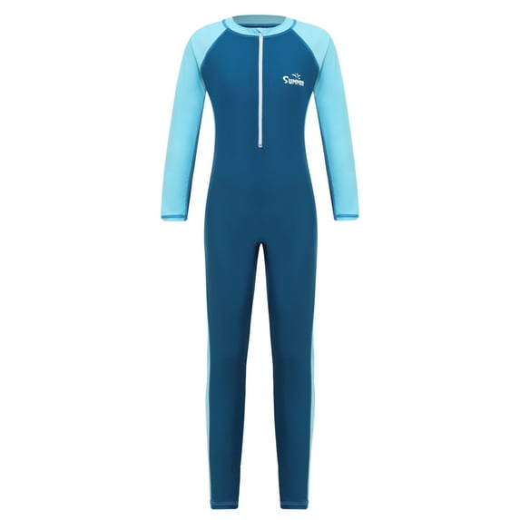 Doomiva Unisex Boys Girls Full Body Cover One Piece Swimsuit UPF 50+ Rashguard Jumpsuits Long Wetsuits Sky Blue 11-12