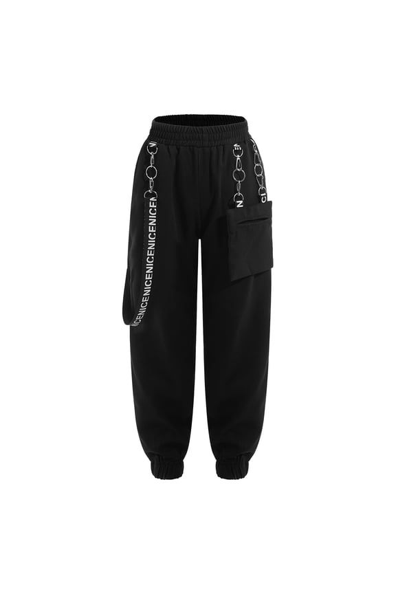 Unisex Girls Boys Punk Chain Harem Dance Pants with Pockets Modern Jazz Hiphop Street Dancewear Summer Sweatpants Casual Trousers Black 6