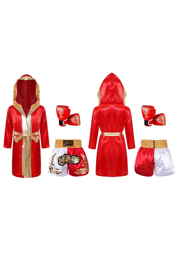 Unisex Kids Boxing Uniform Satin Long Hooded Boxing Robe with Waistband Muay Thai Shorts And Boxer Gloves Set Burgundy&Yellow 8