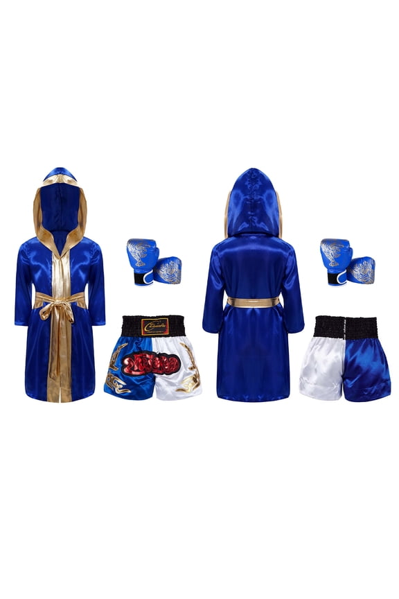 Unisex Kids Boxing Uniform Satin Long Hooded Boxing Robe with Waistband Muay Thai Shorts And Boxer Gloves Set Royal Blue 6