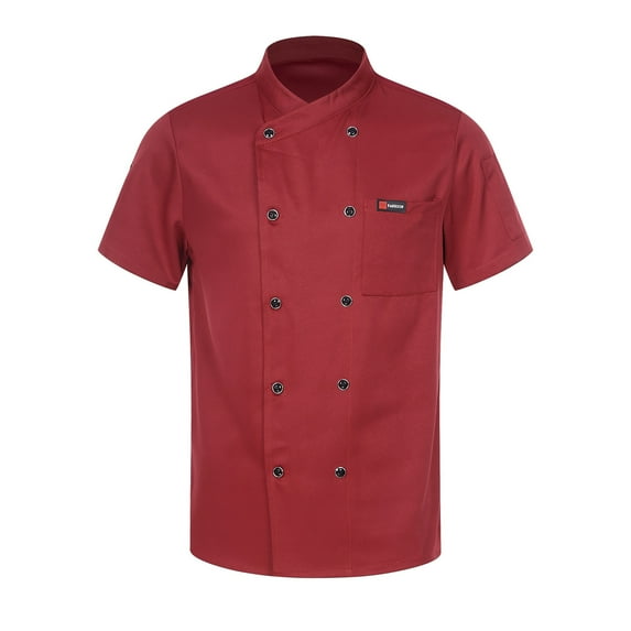 Doomiva Unisex Men Woman Chefs Jacket Double Breasted Cooking Coat Restaurant Kitchen Chef Uniform Burgundy Short Sleeve 4XL
