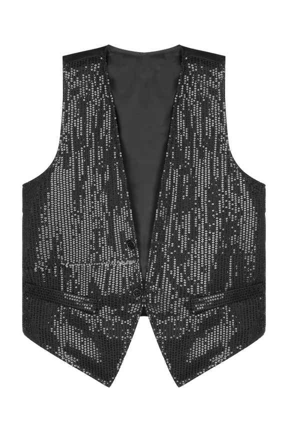 V-Neck Sequin Vest for Men Shiny Party Nightclub Top Stylish Suit Vest Tuxedo Waistcoat Black XL