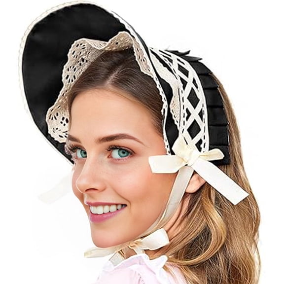 Doomiva Victorian Tea Party Hats Ruffled Self-tied Bonnet Hat Doll Style Sun Hat for Carnival Parties Black One Size