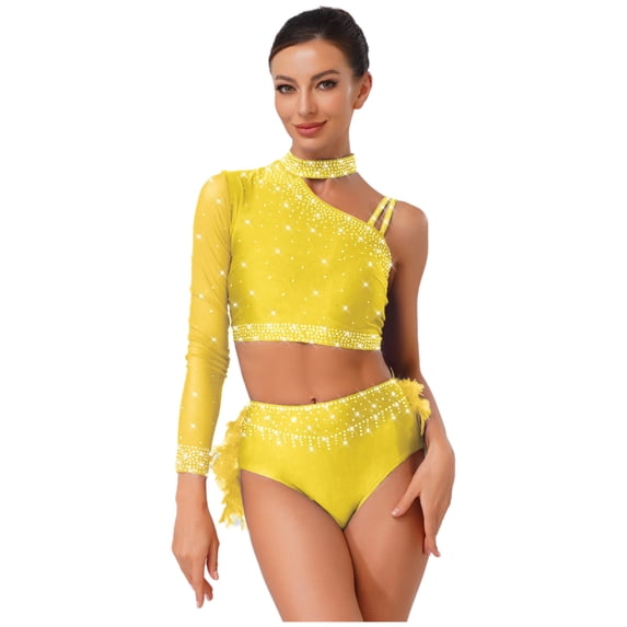 Doomiva Women 2 Piece Hip Hop Jazz Dance Outfits Rhinestone Crop Top with Feather Briefs Yellow L