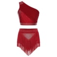 thumbnail image 1 of Doomiva Women 2Pcs Latin Dance Outfit Figure Skating Dress One Shoulder Crop Top + Tassel Shorts Burgundy S, 1 of 7