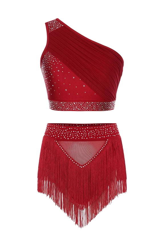 Women 2Pcs Latin Dance Outfit Figure Skating Dress One Shoulder Crop Top + Tassel Shorts Burgundy XXL