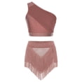 thumbnail image 1 of Doomiva Women 2Pcs Latin Dance Outfit Figure Skating Dress One Shoulder Crop Top + Tassel Shorts Dusty Pink L, 1 of 7