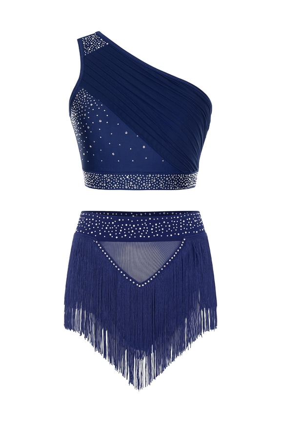 Women 2Pcs Latin Dance Outfit Figure Skating Dress One Shoulder Crop Top + Tassel Shorts Navy Blue XL