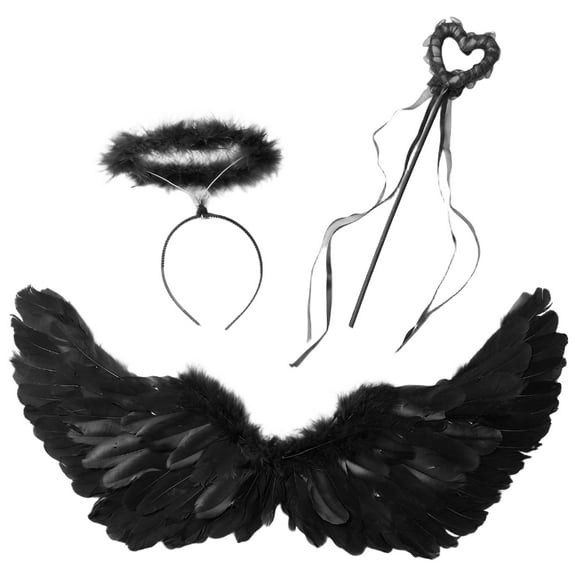 Doomiva Women Angel Wings with Headband Fairy Stick Feather Wing for Carnival Christmas Party Black L