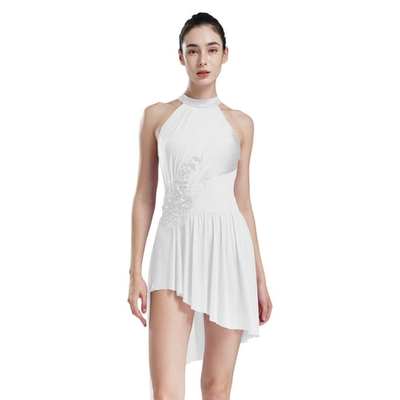 Doomiva Women Applique Lyrical Dance Dress Irregular Flowy Tulle Skirt Leotard Contemporary Dancewear Ivory S
