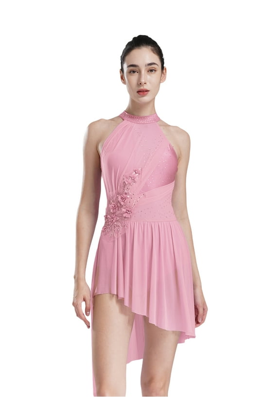 Women Applique Lyrical Dance Dress Irregular Flowy Tulle Skirt Leotard Contemporary Dancewear Pink S