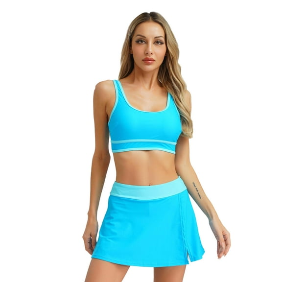 Doomiva Women Athletic Swimsuit Tankini Set Swim Crop Top with Skirts Coverup Bikini Bathing Suit Sky Blue XL