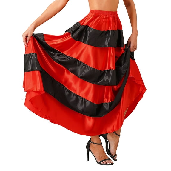Doomiva Women Ballroom Twirling Ruffle Full Spanish Bull Long Skirt Flamenco Belly Dance Performance Type A 360 Degree One Size