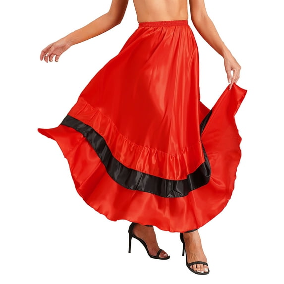 Doomiva Women Ballroom Twirling Ruffle Full Spanish Bull Long Skirt Flamenco Belly Dance Performance Type C 180 Degree One Size