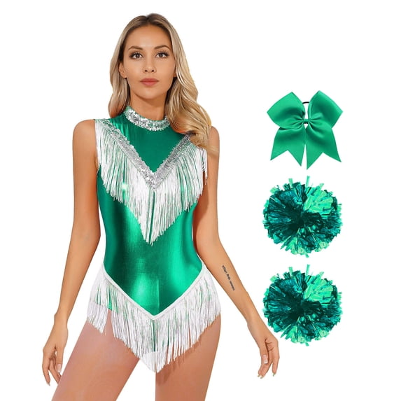 Doomiva Women Cheerleading Latin Dance Leotard Bodysuit Outfit Shiny Metallic Jazz Ballroom Dress Green S