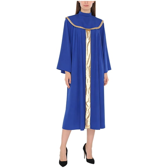 Doomiva Women Church Robe Metallic Shiny Flared Sleeve Loose Fit Choir Clergy Maxi Dress Minister Pastor Robe Royal Blue M