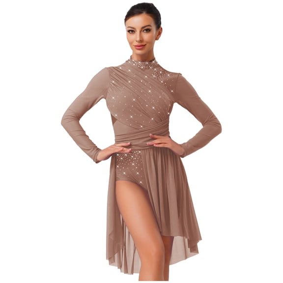 Doomiva Women Contemporary Lyrical Dance Dress Rhinestones Figure Skating Dress Long Sleeve Ballet Leotard Dusty Pink S