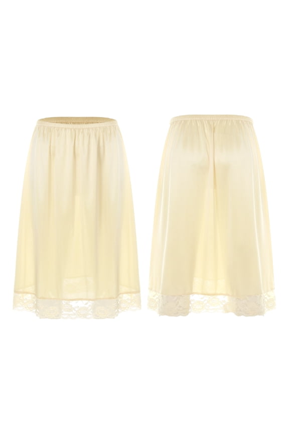 Women Elegant Half Slip High Waist Lace Hem Skirt Silk Satin Inner Skirt See-through Cover Skirt Size A Khaki One Size