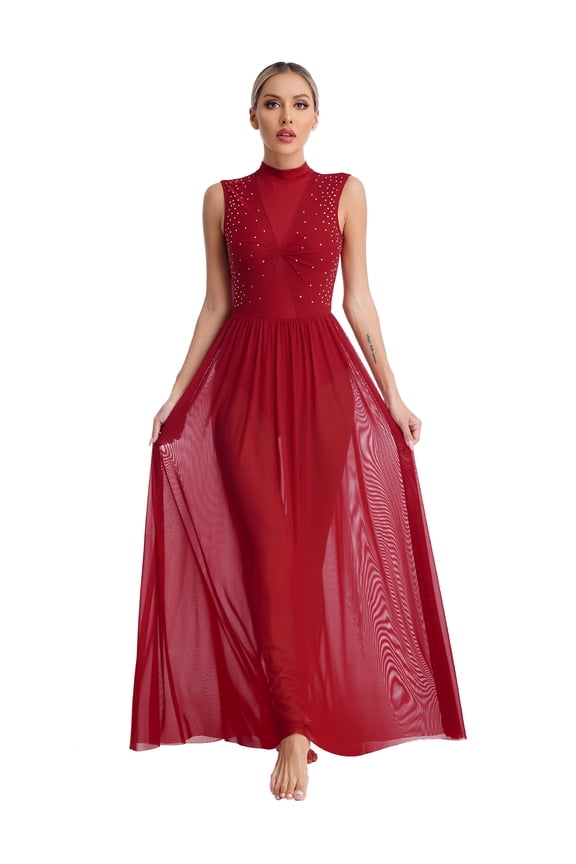 Women Elegant Lyrical Dance Dress Tulle Maxi Overlay Dress Dance Performance Competition Dress Burgundy XXL