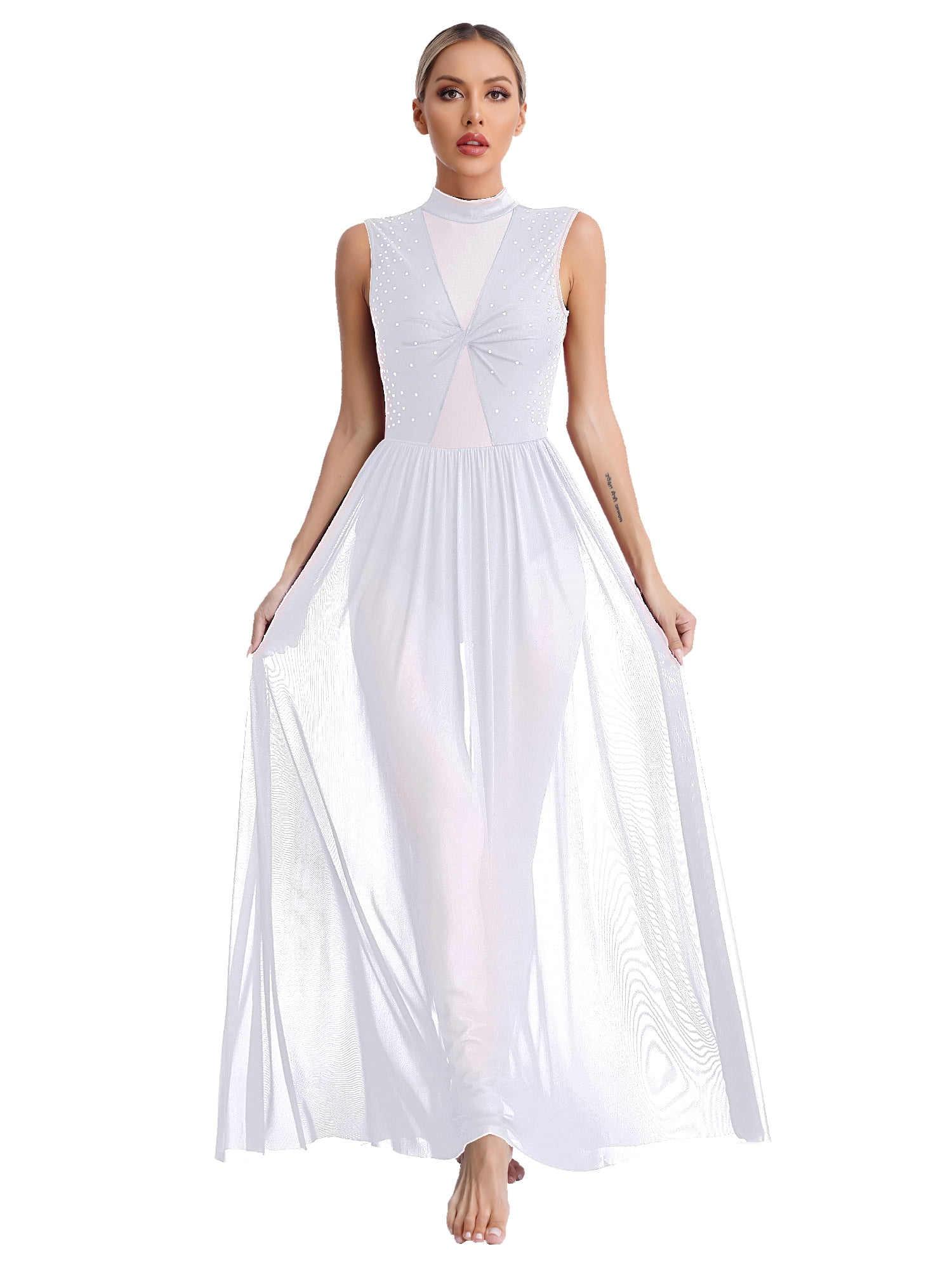 Customisable-Women's White Long Sleeve DanceWear Dance Dress Performance Wear