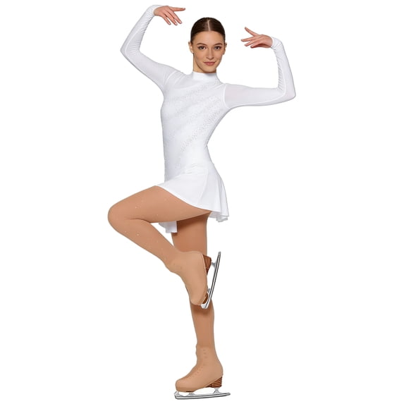 Doomiva Women Figure Skating Outfit Long Sleeve Rhinestone Dress with Mesh Boot Cover Tights White L