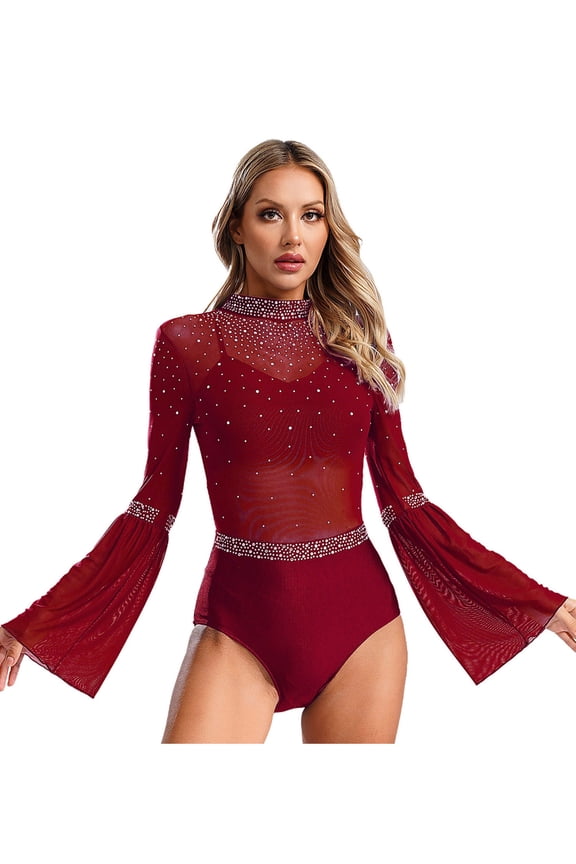 Women Flare Sleeve Gymnastics Bodysuit Backless Ballet Dance Leotard Figure Ice Skating Jumpsuit Burgundy XL