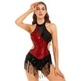 thumbnail image 1 of Doomiva Women Glitter Sequin Tassel Latin Jazz Cha-Cha Dancewear Lyrical Dance Bodysuit Leotard Burgundy M, 1 of 7
