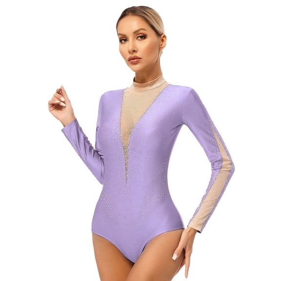 Doomiva Women Gymnastics Unitards Keyhole Back Bodysuit Tops Ballet Dance Leotard Figure Skating Light Purple XXL