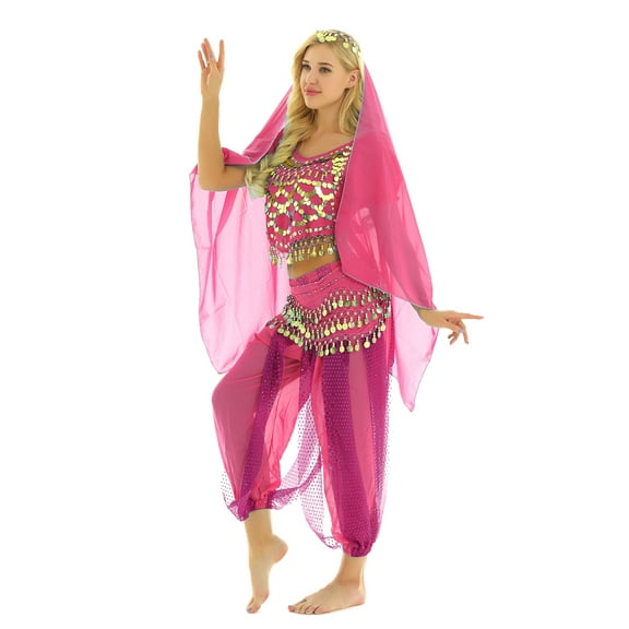 Doomiva Women Indian Dance Costume 4Pcs Belly Dance Outfits Halloween Carnival Performance Sets Rose One Size