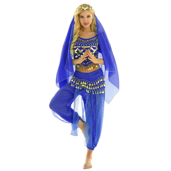 Doomiva Women Indian Dance Costume 4Pcs Belly Dance Outfits Halloween Carnival Performance Sets Royal Blue One Size