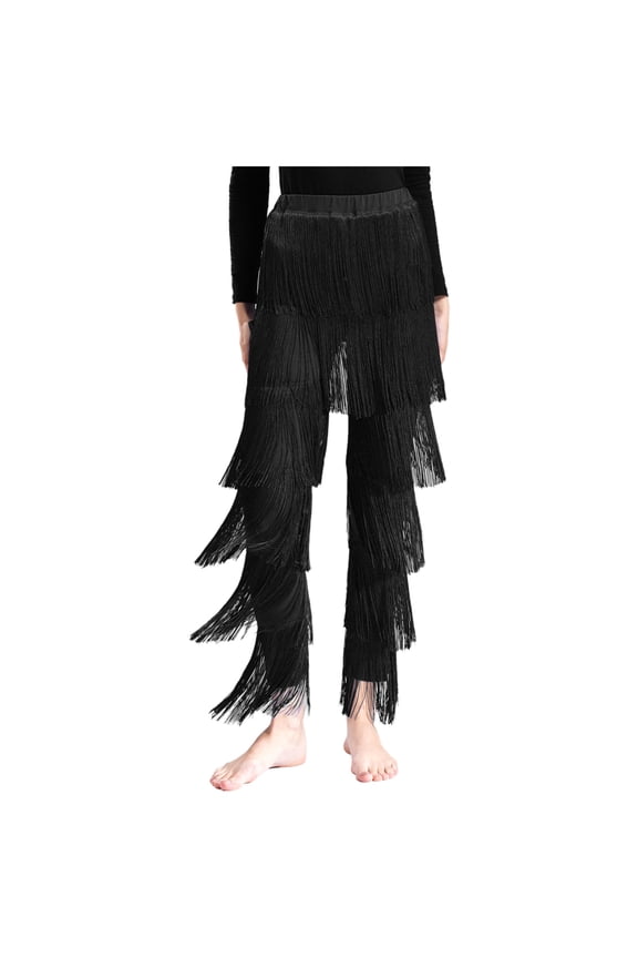 Women Latin Dance Pants Fringe Ballroom Pants Tassel Tango Salsa Dancing Practice Pants Black M