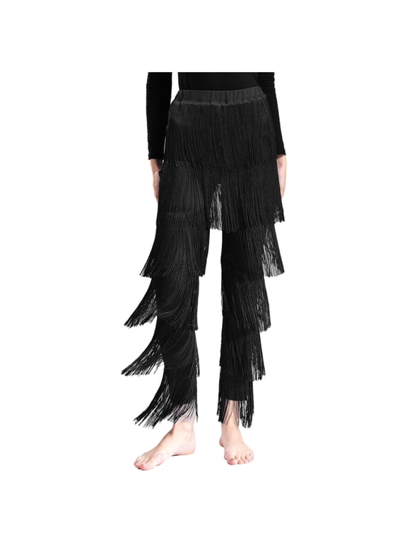 Women Latin Dance Pants Fringe Ballroom Pants Tassel Tango Salsa Dancing Practice Pants Black S