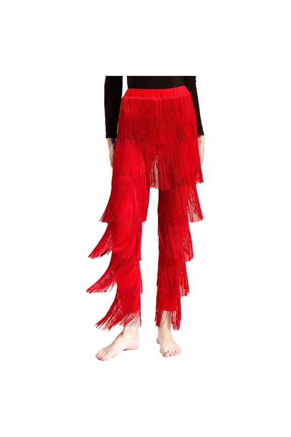 Women Latin Dance Pants Fringe Ballroom Pants Tassel Tango Salsa Dancing Practice Pants Red M