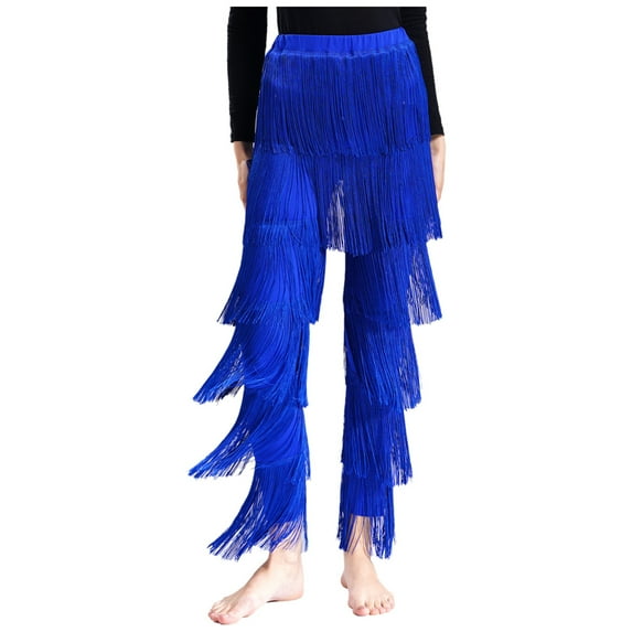 Doomiva Women Latin Dance Pants Fringe Ballroom Pants Tassel Tango Salsa Dancing Practice Pants Royal Blue M