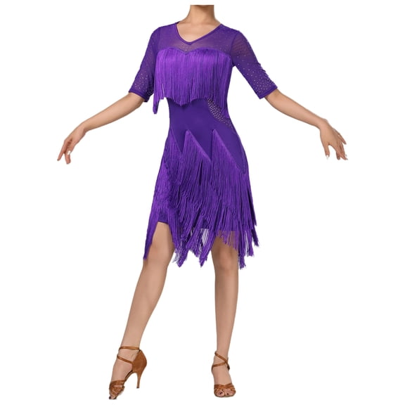 Doomiva Women Latin Tango Rumba Dance Tassel Dress Glittery Rhinestone Mesh Fringe Dress Purple XL