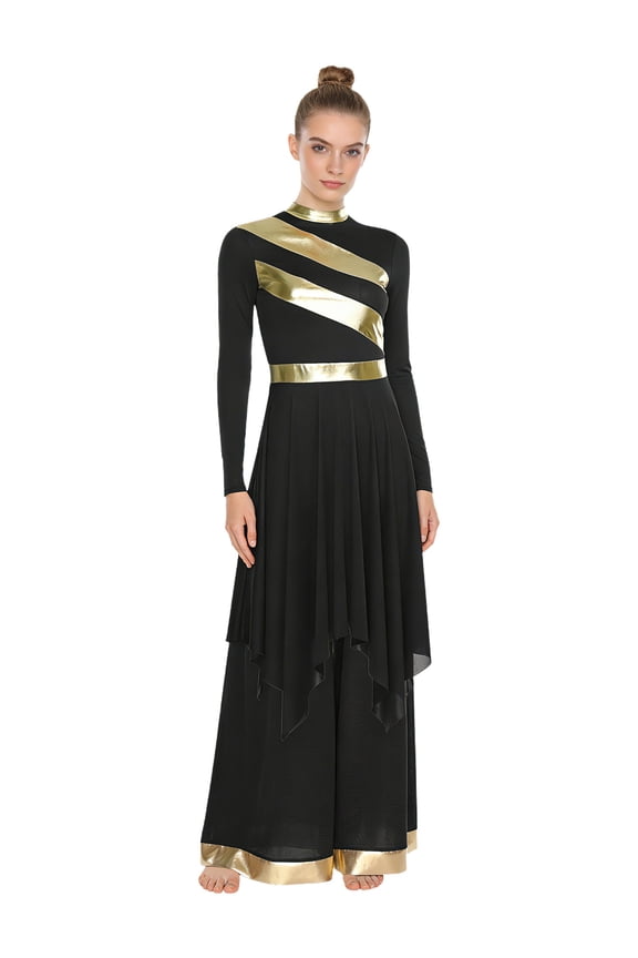 Women Liturgical Praise Dance Dress Long Sleeve Metallic Overlays Top Dress with Wide Leg Pants Set Black S